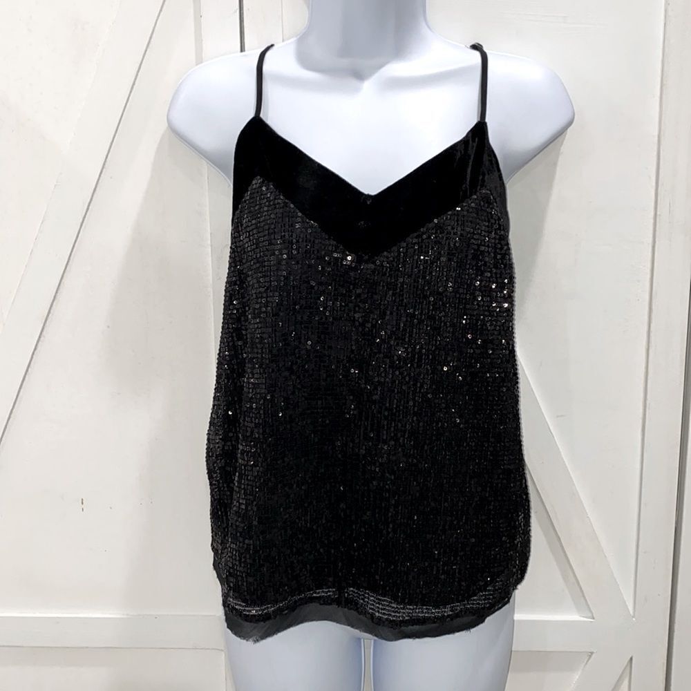 Miss Me Women's Solid Black Sequin & Velvet Tank Top Blouse Size Medium